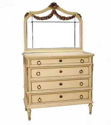 Cassettiera con specchio stile Luigi XVI in legno laccato e dorato