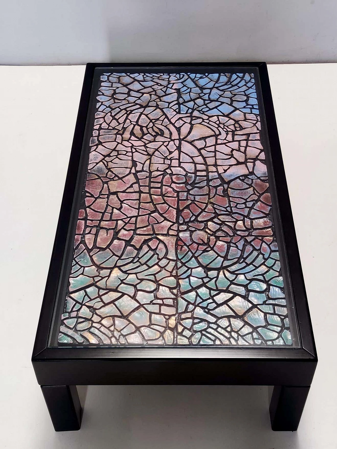 Lacquered beech rectangular coffee table with coloured plaster relief, 1980s 2