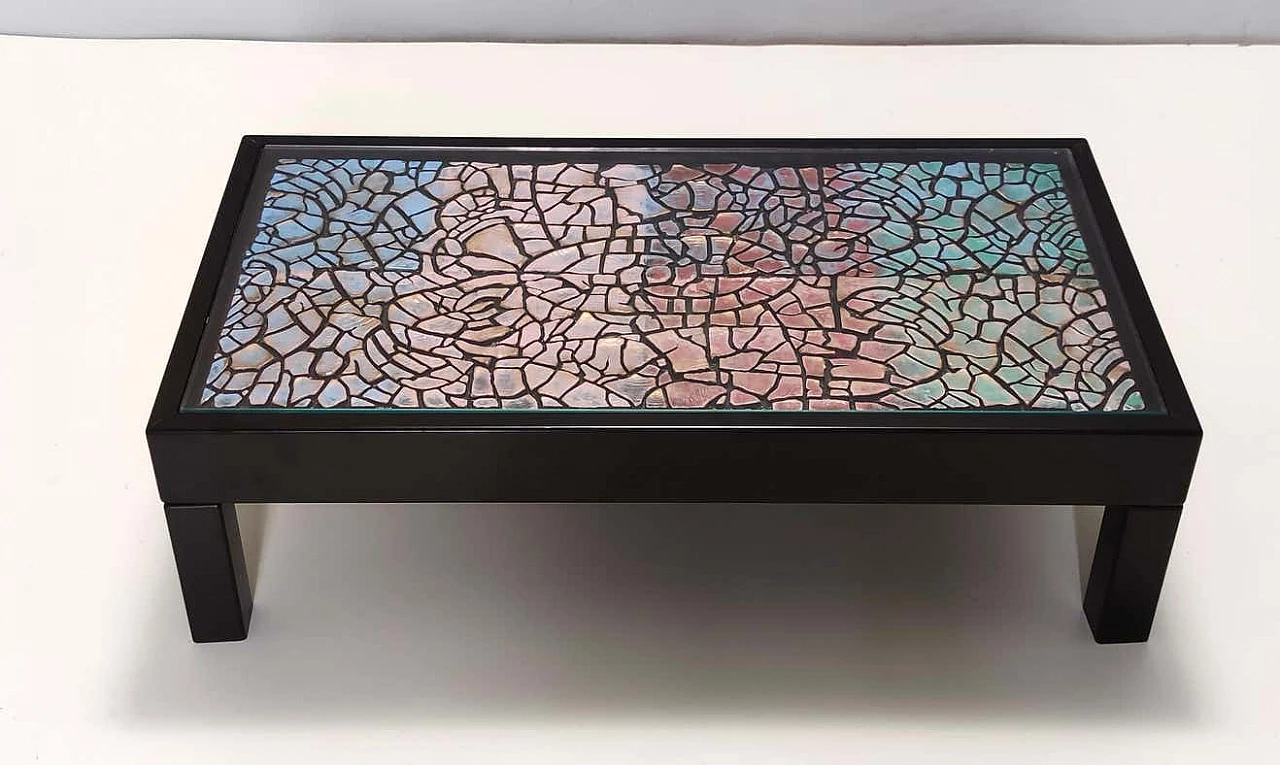 Lacquered beech rectangular coffee table with coloured plaster relief, 1980s 3