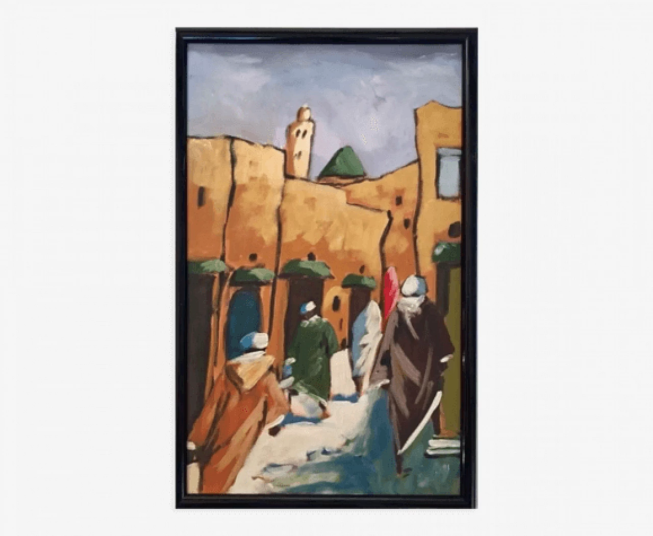 Painting depicting a busy street in a souk in Morocco, oil on panel, 1960s 1
