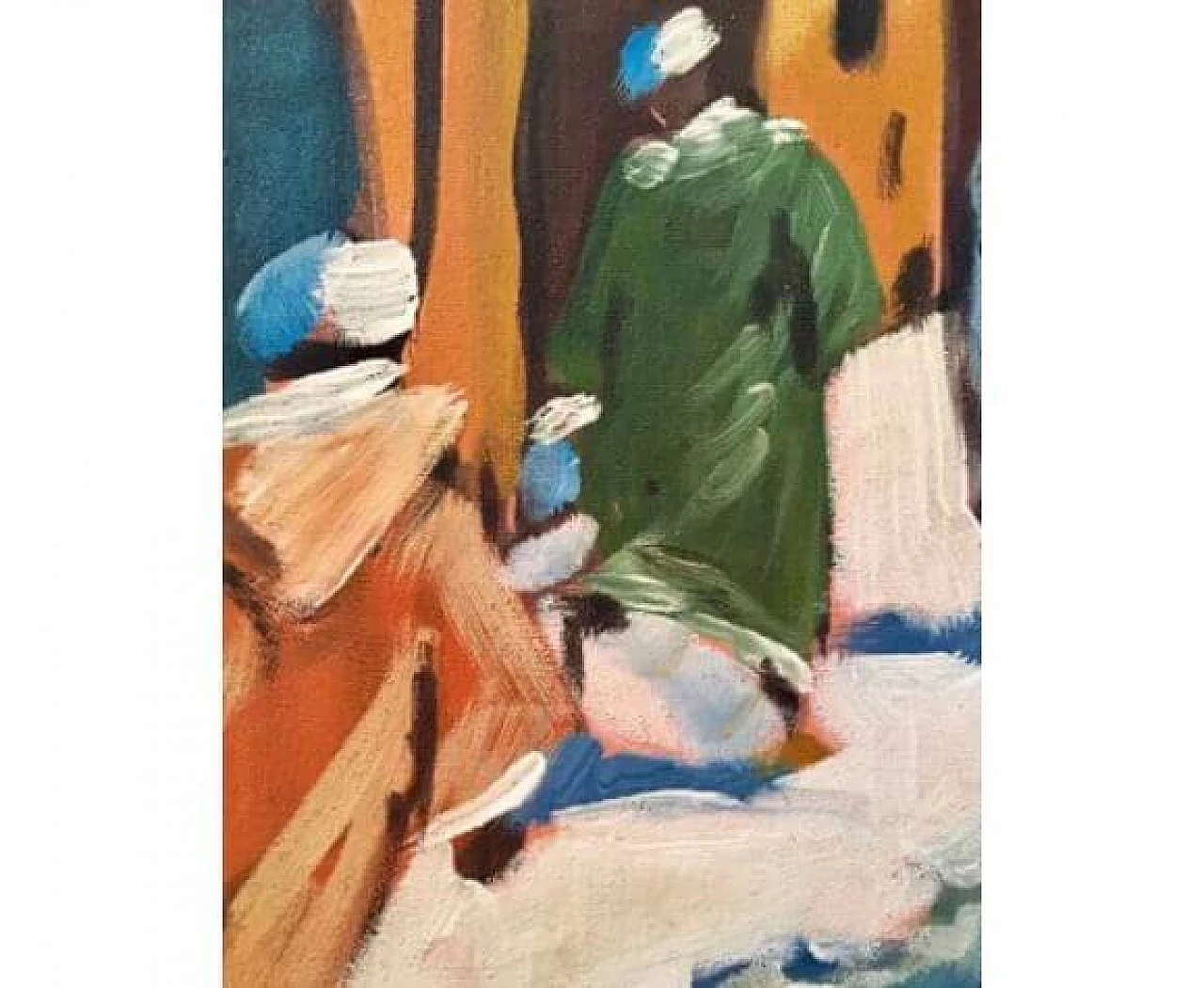 Painting depicting a busy street in a souk in Morocco, oil on panel, 1960s 3