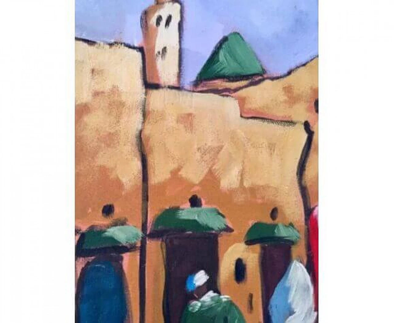 Painting depicting a busy street in a souk in Morocco, oil on panel, 1960s 4