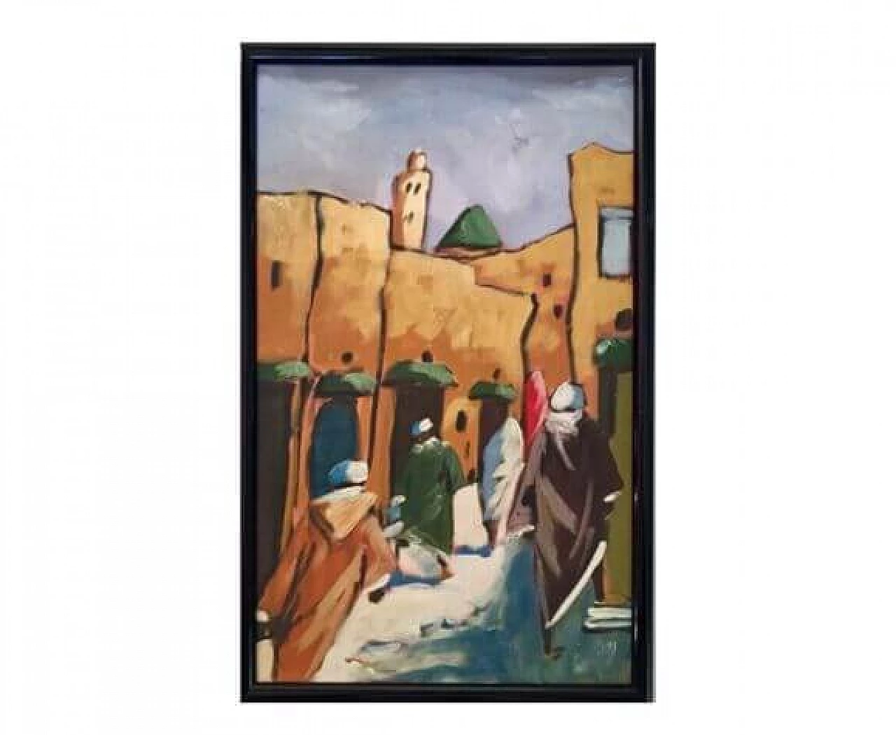 Painting depicting a busy street in a souk in Morocco, oil on panel, 1960s 7