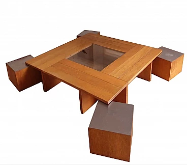 Wood, steel and glass coffee table with four stools by Tecno, 1970s
