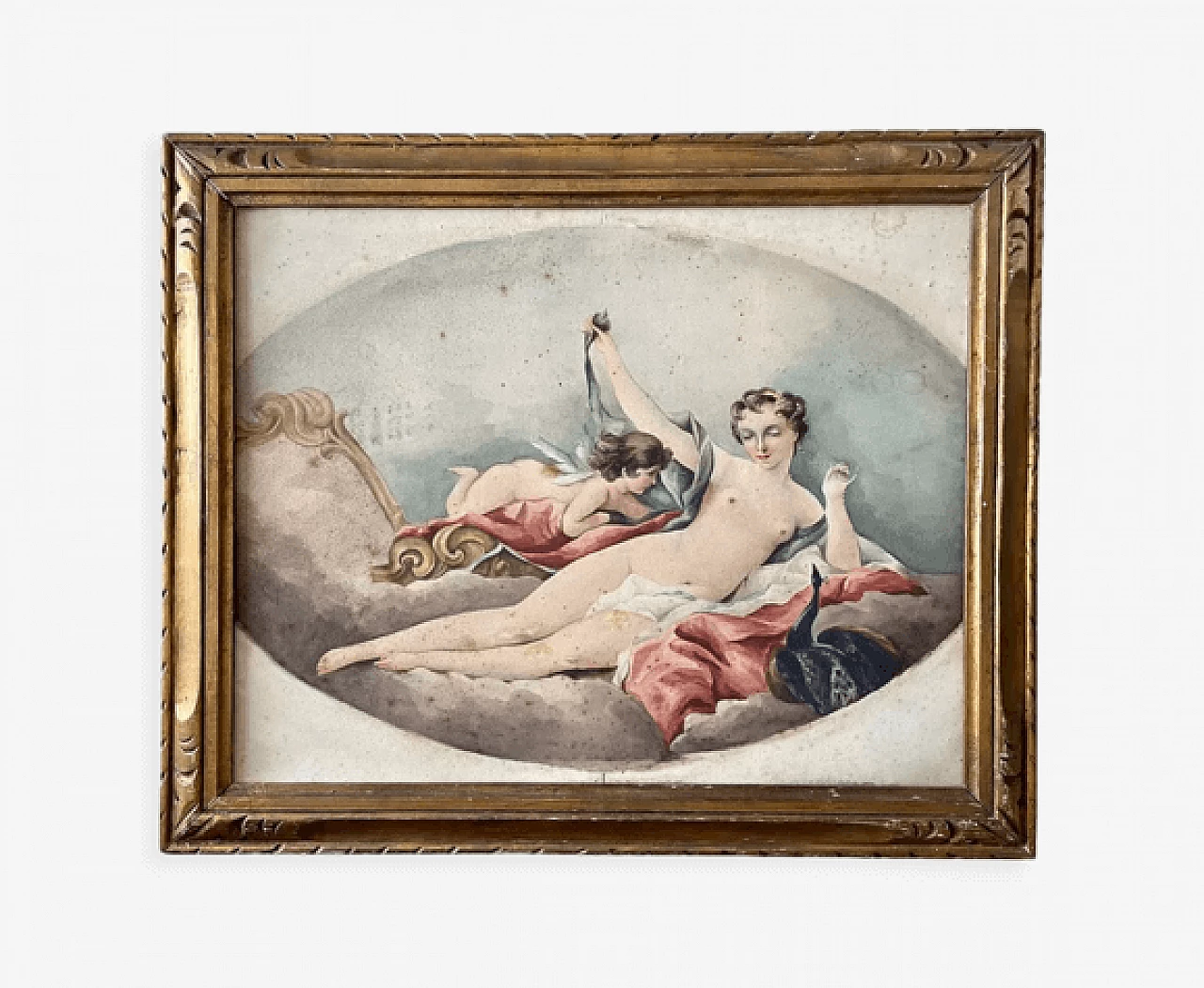 Watercolour depicting cherub and nude of young woman, 1910s 1