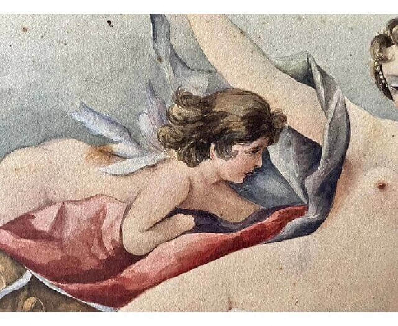Acquerello raffigurante cherubino e nudo di giovane donna, anni '10 2