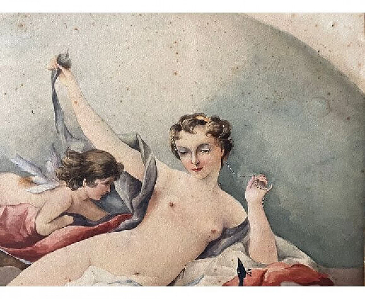 Acquerello raffigurante cherubino e nudo di giovane donna, anni '10 3