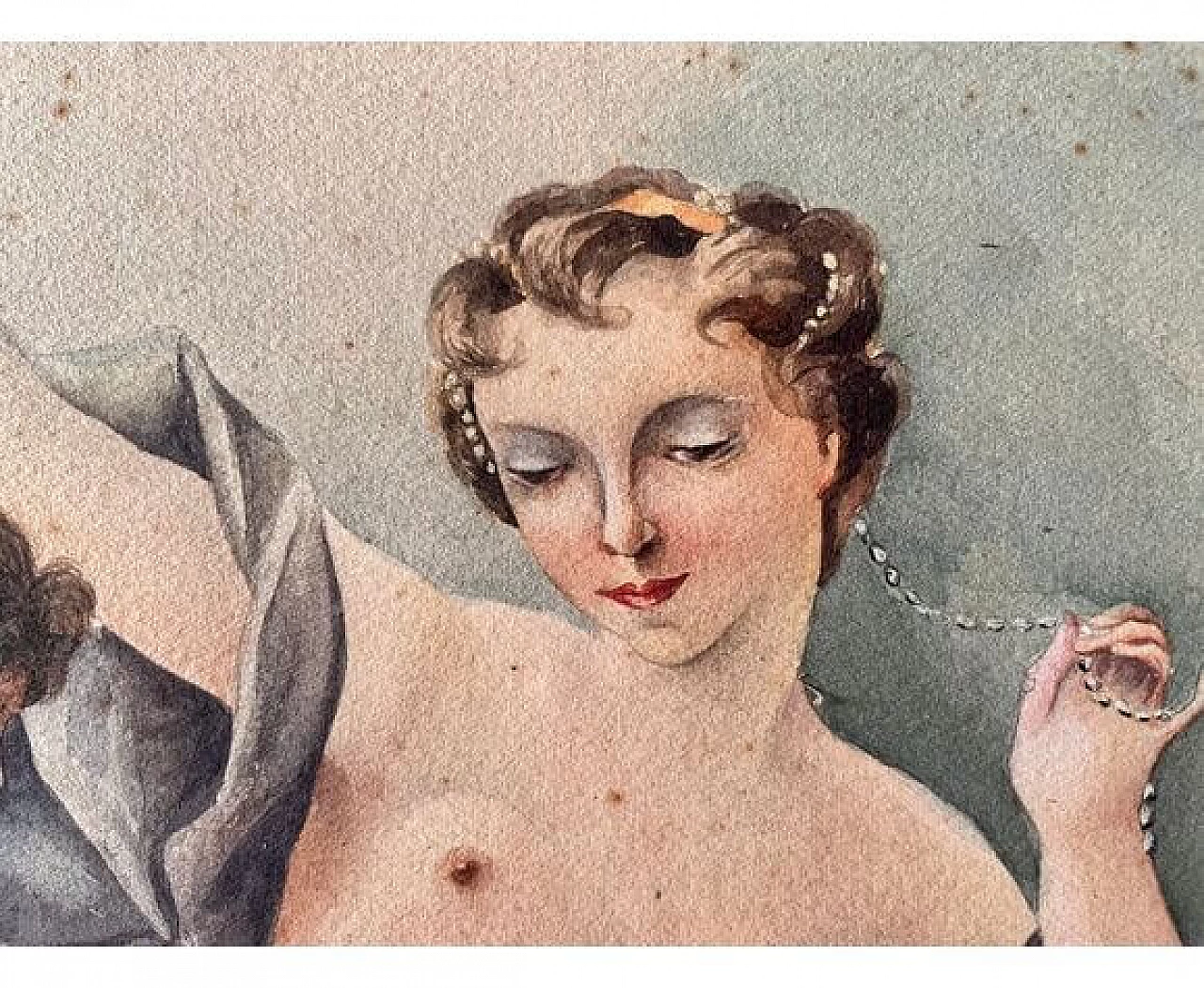 Acquerello raffigurante cherubino e nudo di giovane donna, anni '10 4