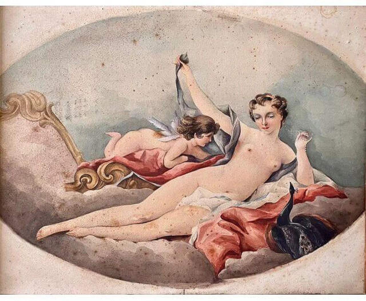 Acquerello raffigurante cherubino e nudo di giovane donna, anni '10 5