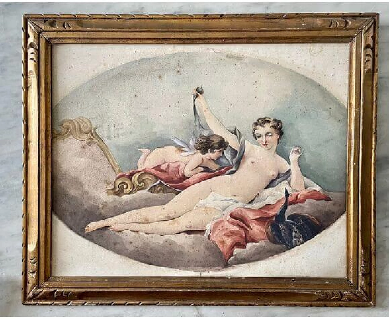 Acquerello raffigurante cherubino e nudo di giovane donna, anni '10 11