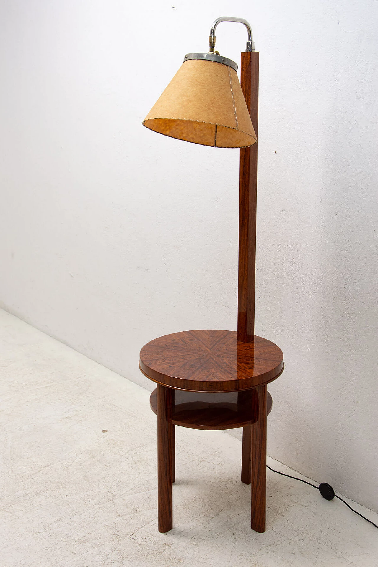 Art Deco walnut floor lamp with side table, 1930s 2