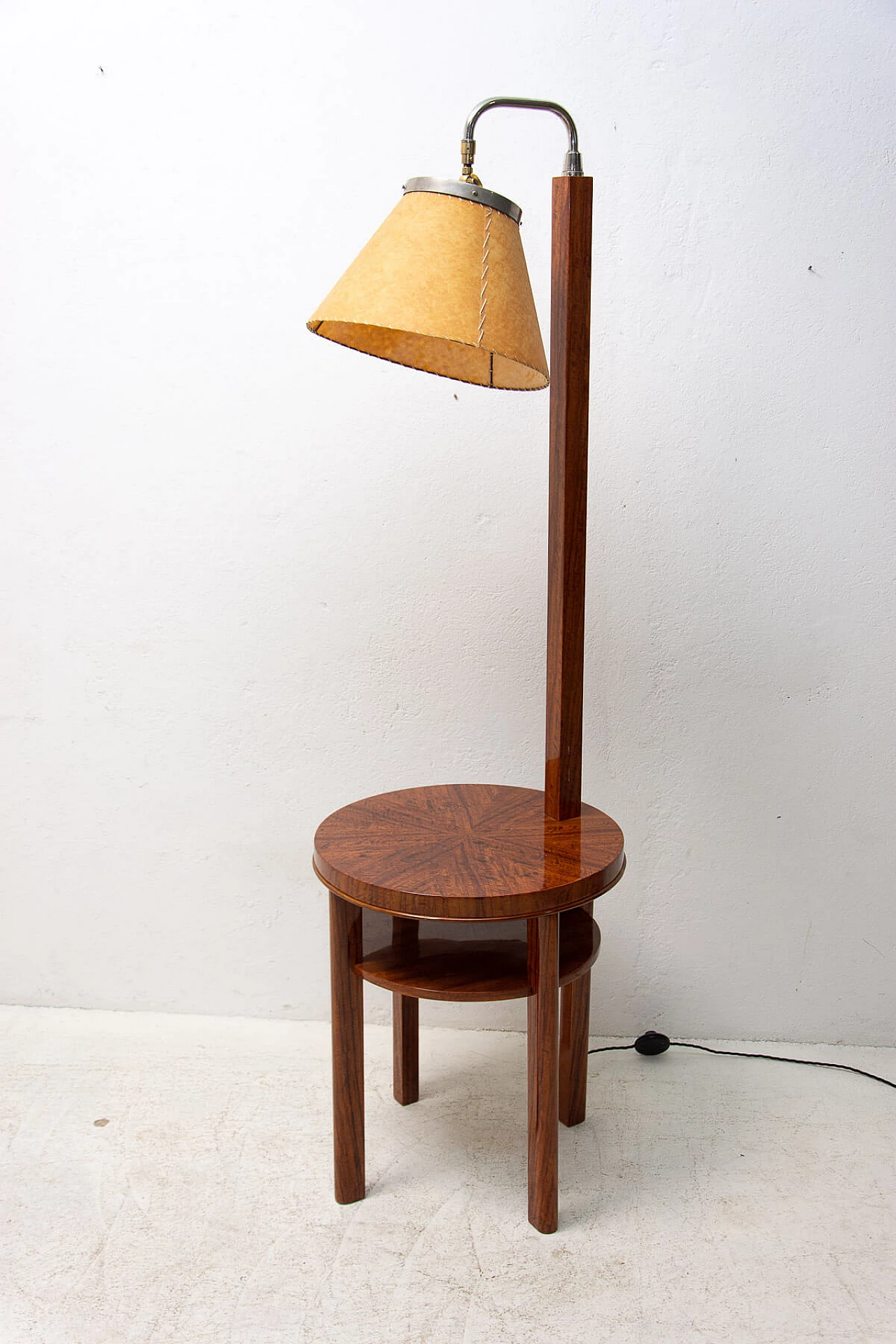 Art Deco walnut floor lamp with side table, 1930s 3