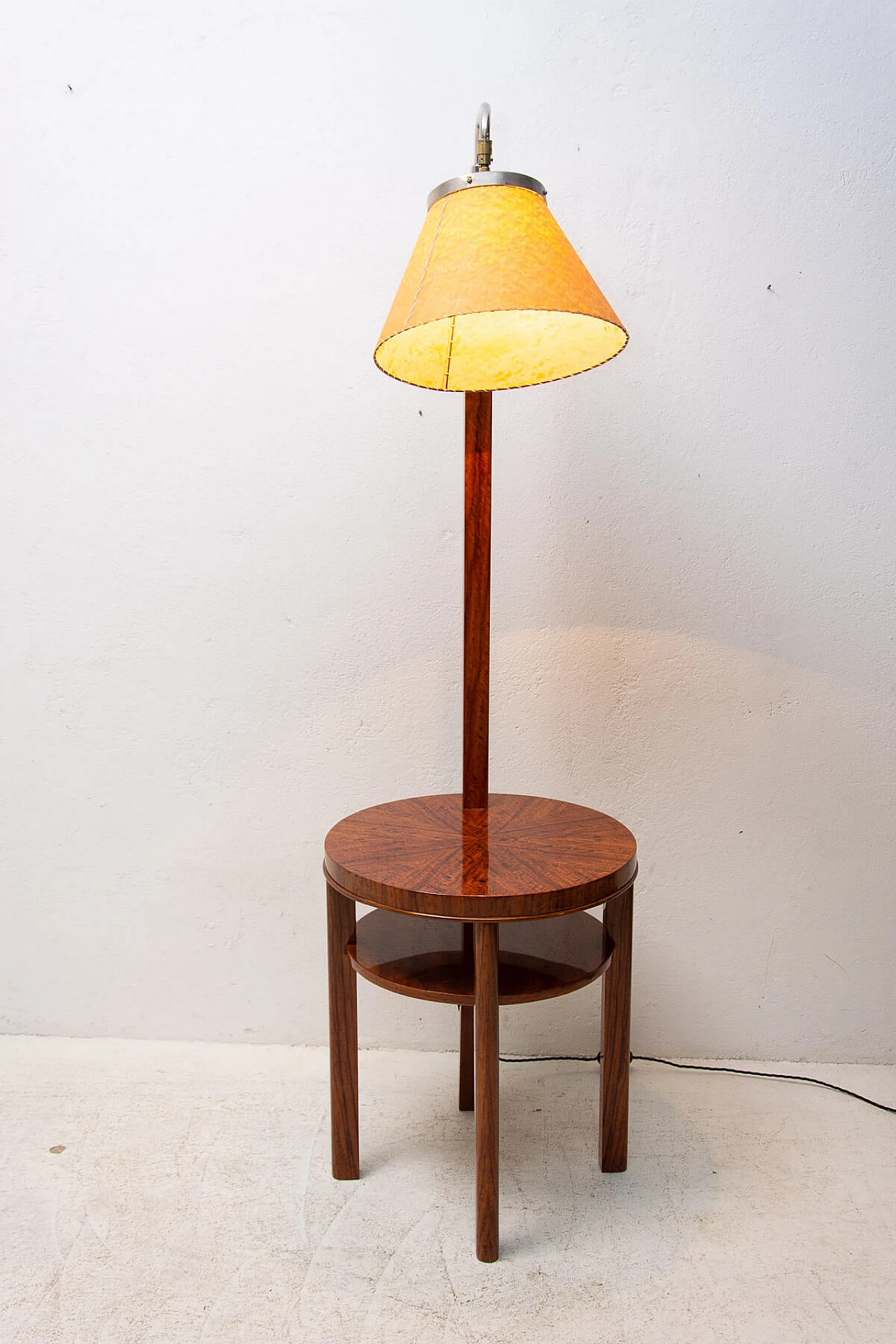 Art Deco walnut floor lamp with side table, 1930s 16
