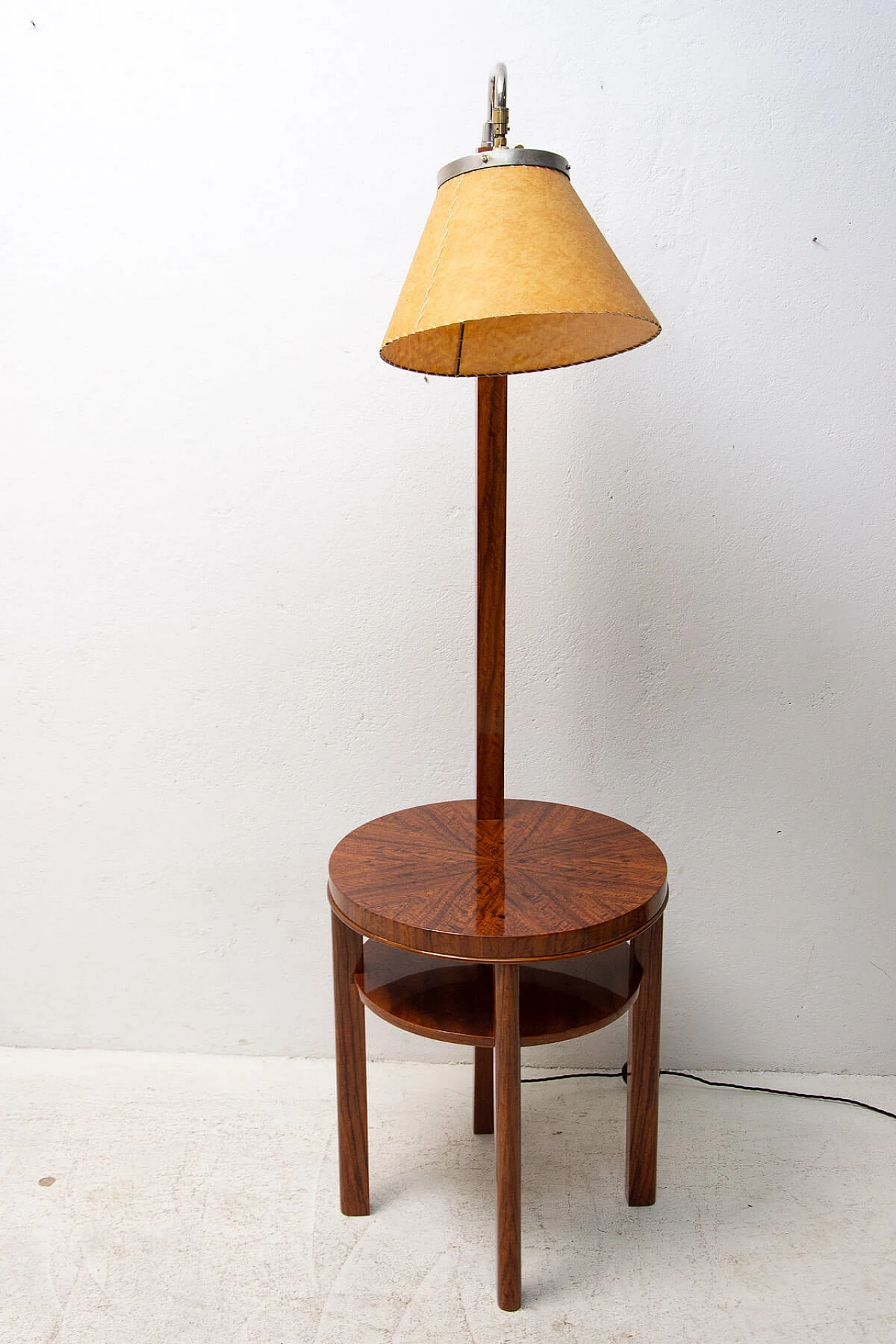 Art Deco walnut floor lamp with side table, 1930s 22