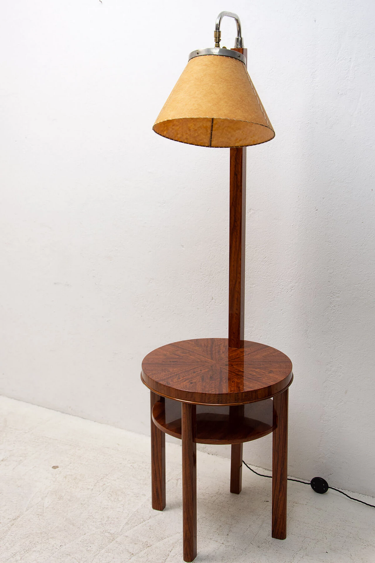 Art Deco walnut floor lamp with side table, 1930s 23