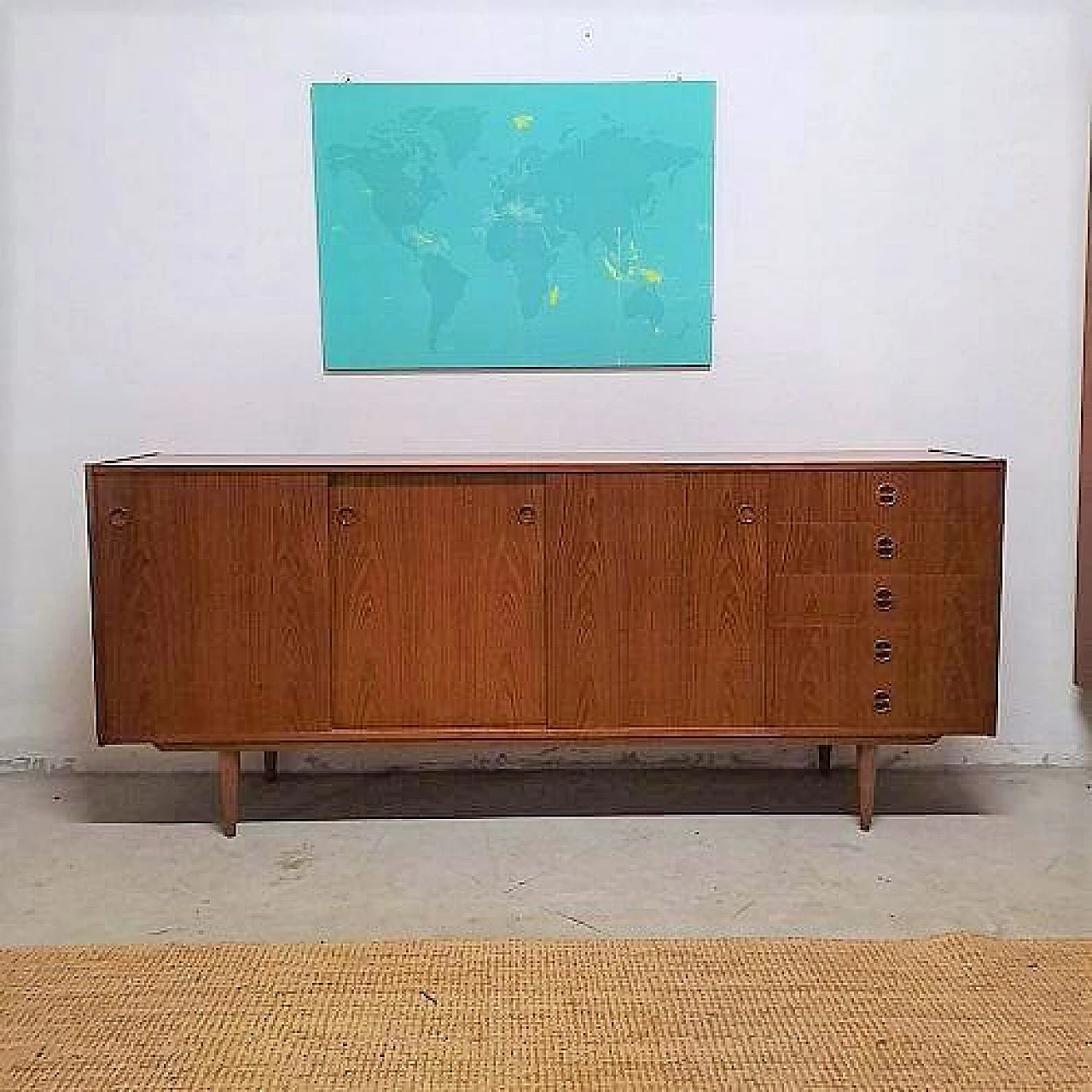 Teak sideboard with sliding doors and drawers, 1950s 1