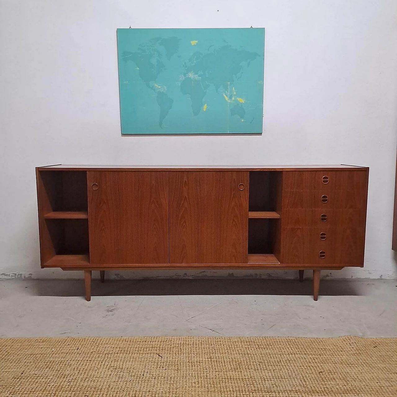 Teak sideboard with sliding doors and drawers, 1950s 2