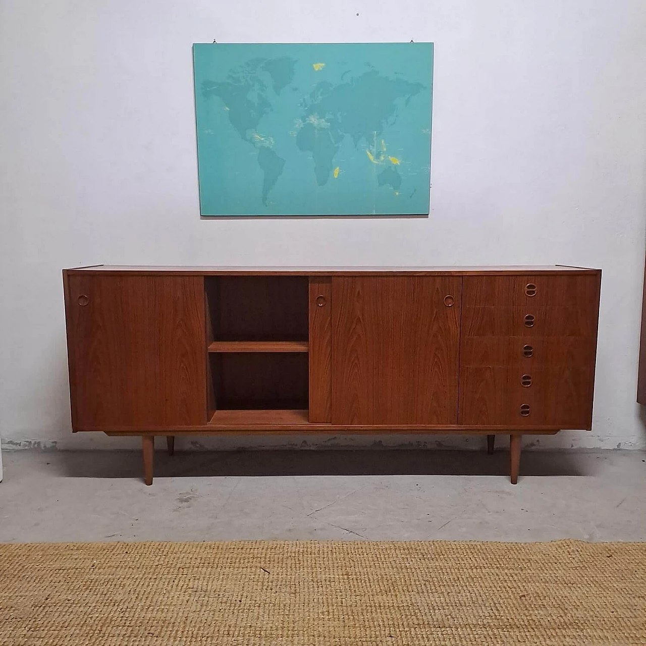 Teak sideboard with sliding doors and drawers, 1950s 3
