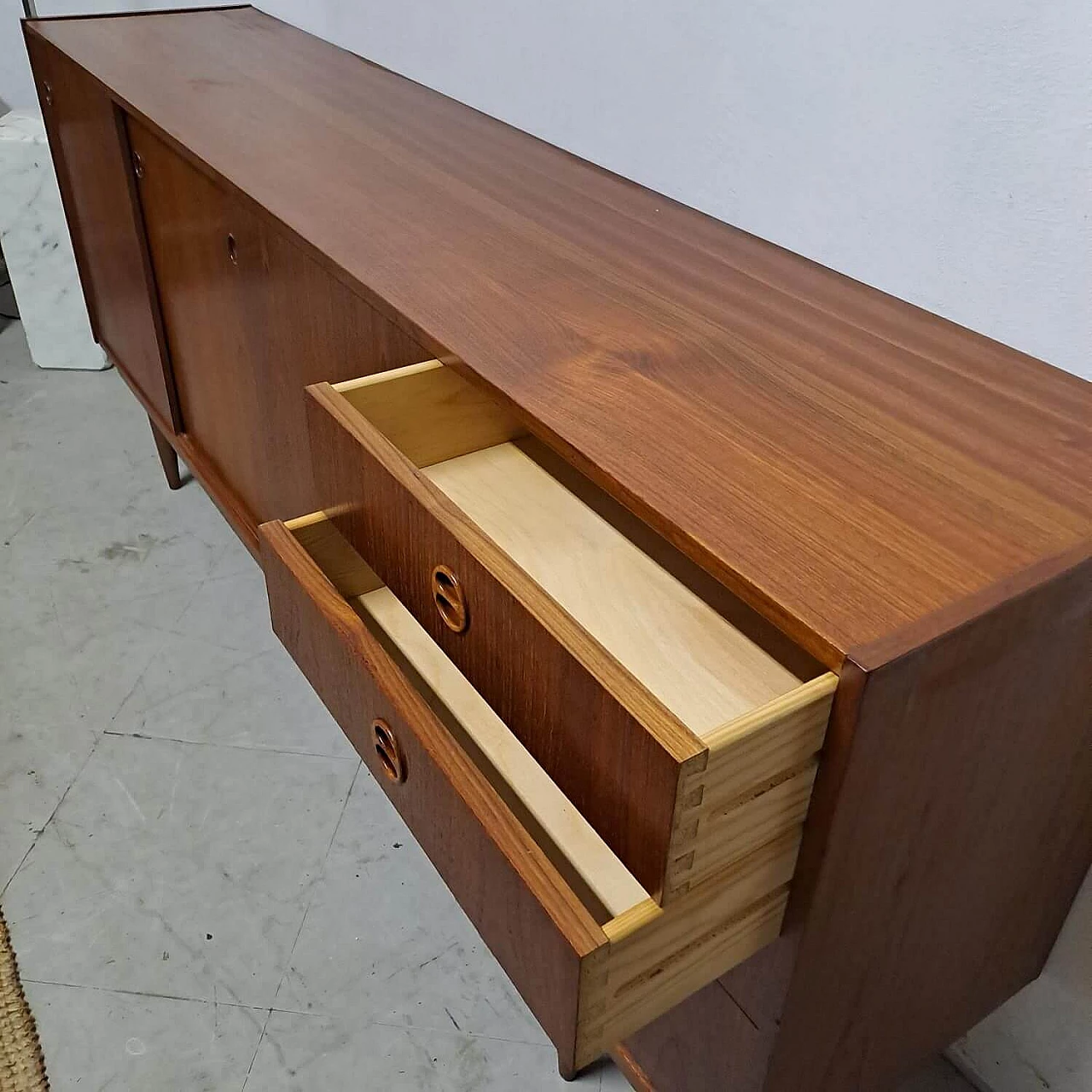 Teak sideboard with sliding doors and drawers, 1950s 4