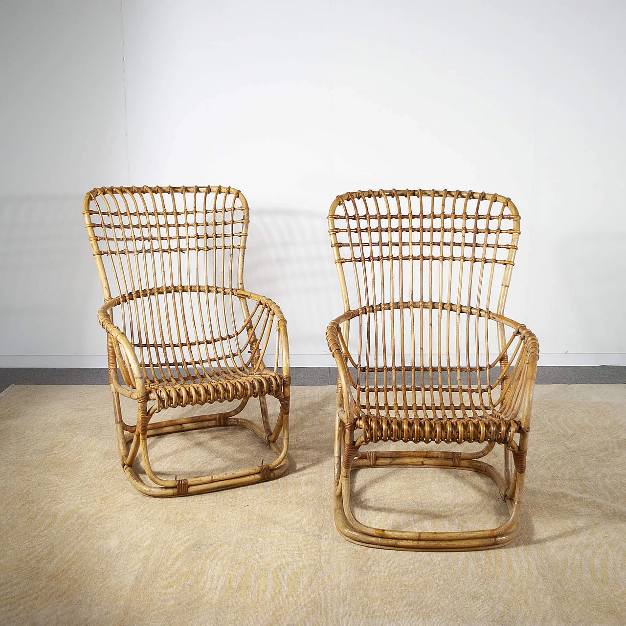 Pair of armchairs in bamboo cane, 60s 1306586