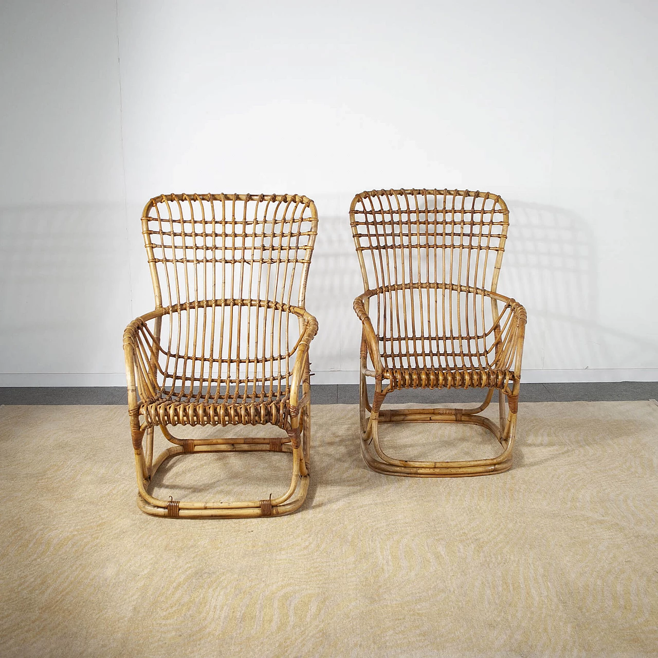 Pair of armchairs in bamboo cane, 60s 1306590