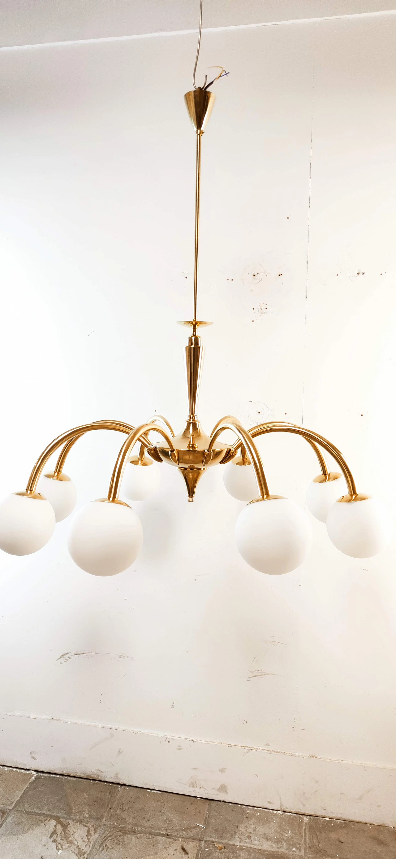 Eight-light brass and frosted white glass chandelier, 1960s 1