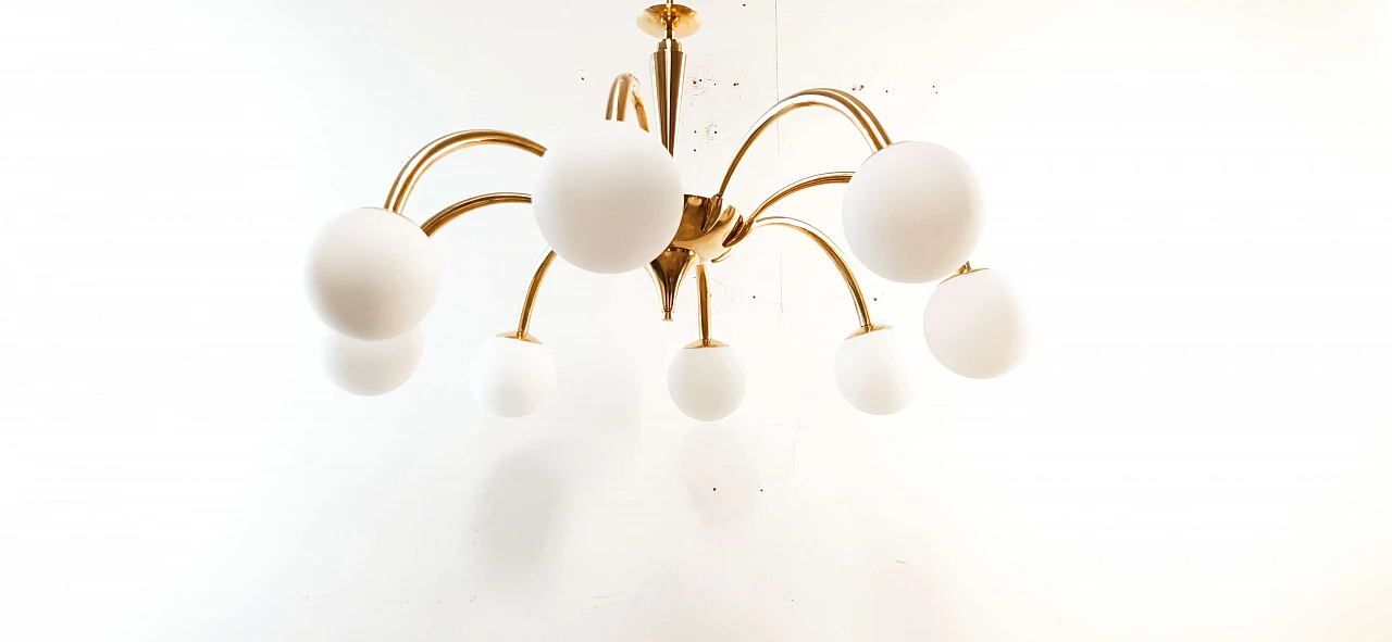 Eight-light brass and frosted white glass chandelier, 1960s 2