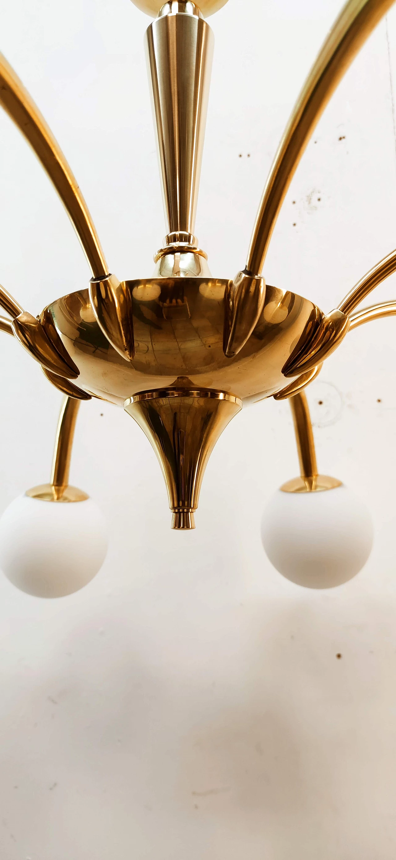 Eight-light brass and frosted white glass chandelier, 1960s 6