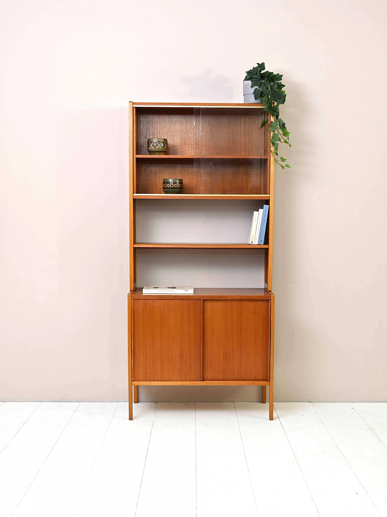 Scandinavian teak and oak bookcase with sliding doors, 1960s 1