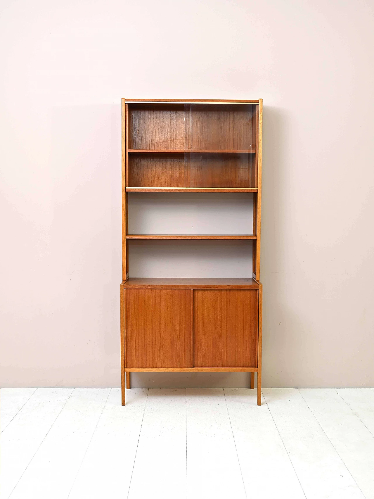 Scandinavian teak and oak bookcase with sliding doors, 1960s 2