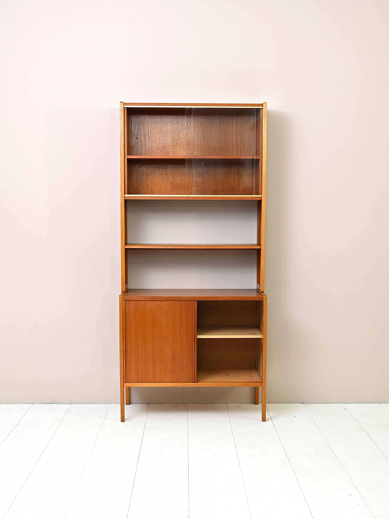 Scandinavian teak and oak bookcase with sliding doors, 1960s 3