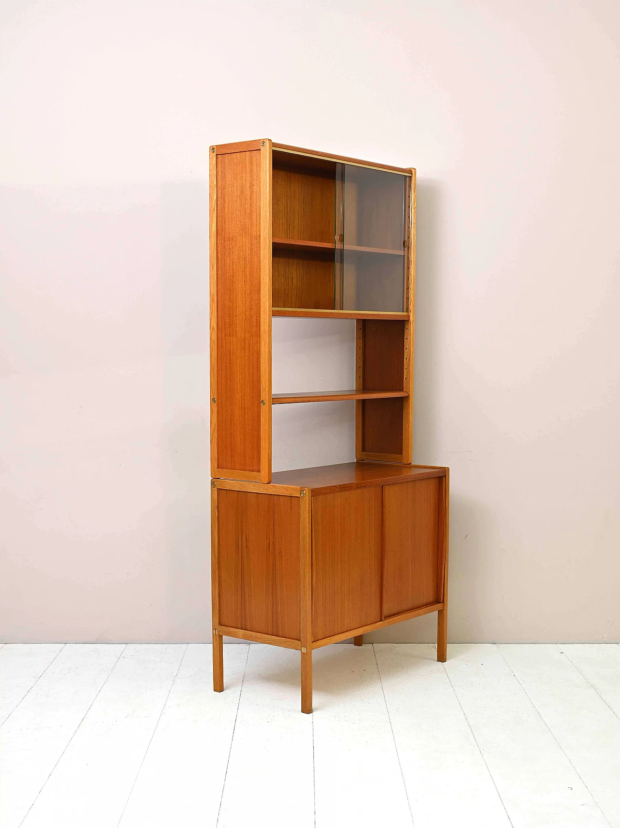 Scandinavian teak and oak bookcase with sliding doors, 1960s 4