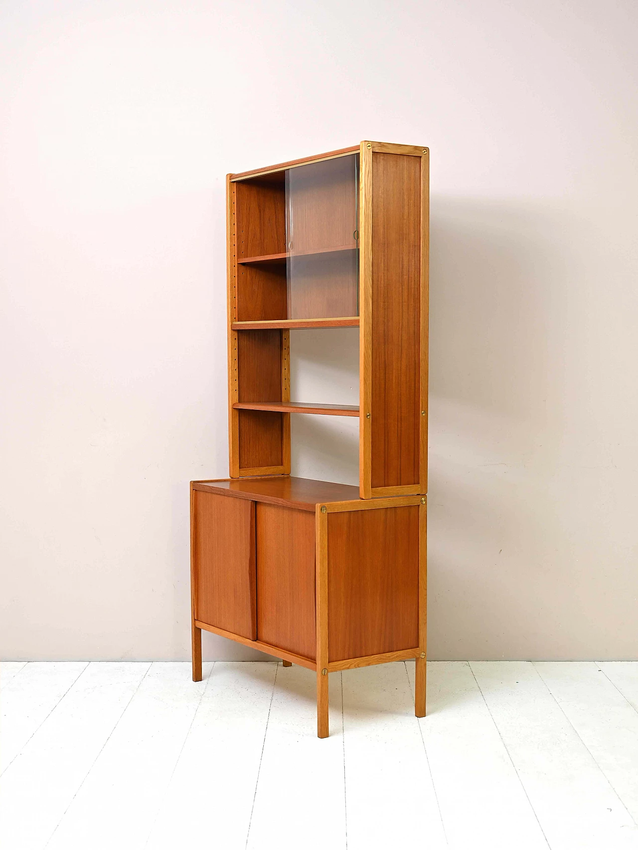 Scandinavian teak and oak bookcase with sliding doors, 1960s 5