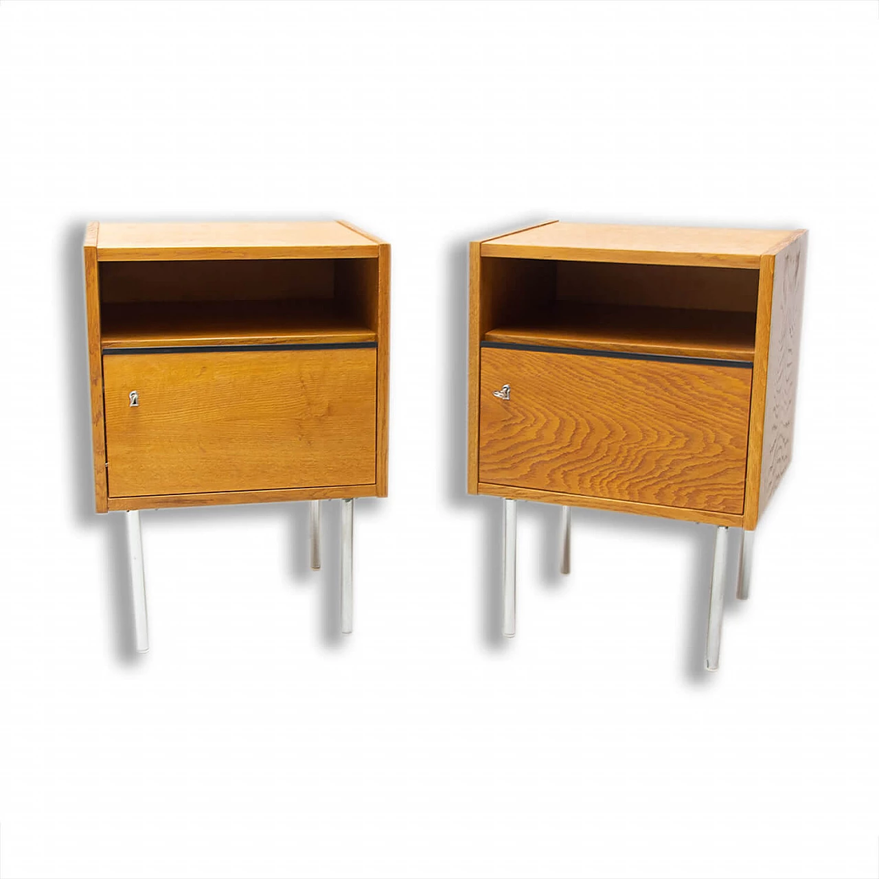 Pair of beech and chromed metal bedside tables, 1960s 1