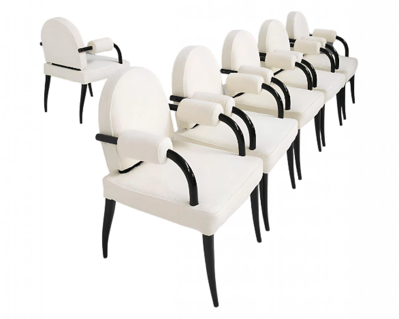 6 Armchairs in lacquered wood and white bouclé by René Drouet, 1930s 1