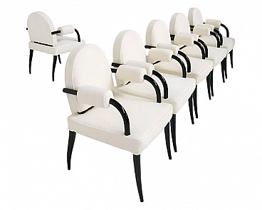 6 Armchairs in lacquered wood and white bouclé by René Drouet, 1930s