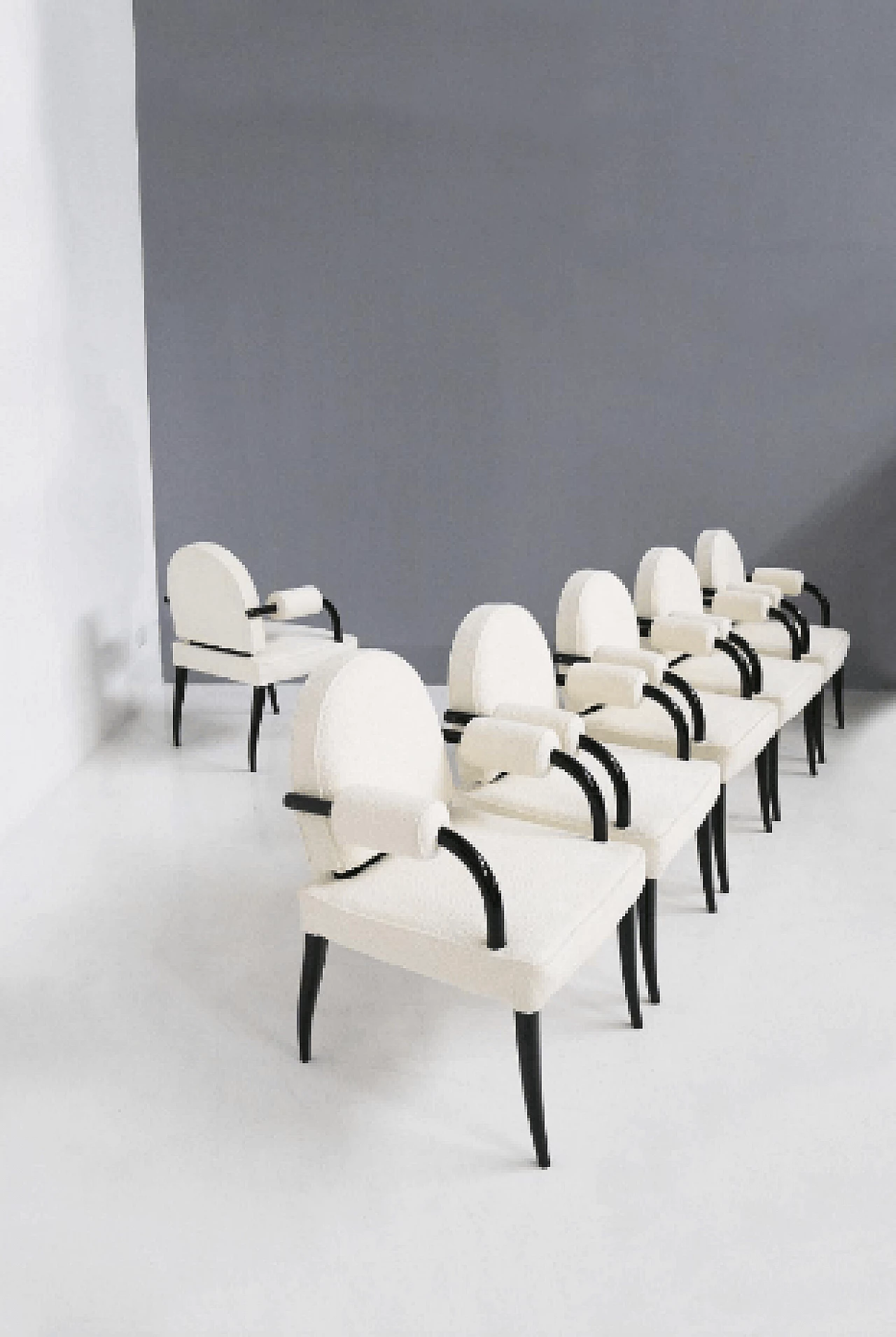 6 Armchairs in lacquered wood and white bouclé by René Drouet, 1930s 2