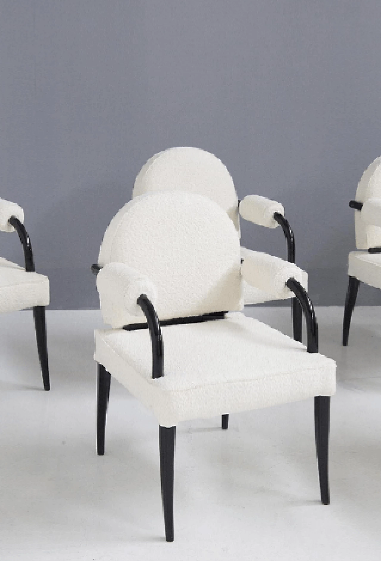 6 Armchairs in lacquered wood and white bouclé by René Drouet, 1930s 3