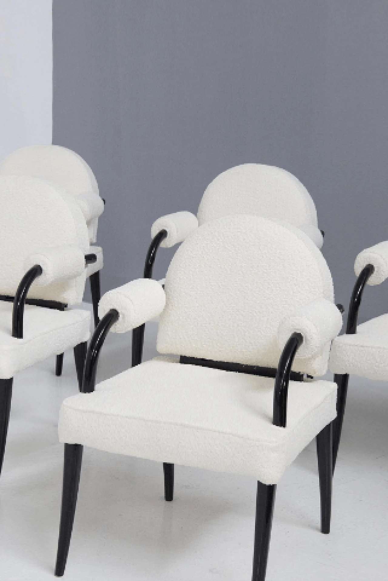 6 Armchairs in lacquered wood and white bouclé by René Drouet, 1930s 4