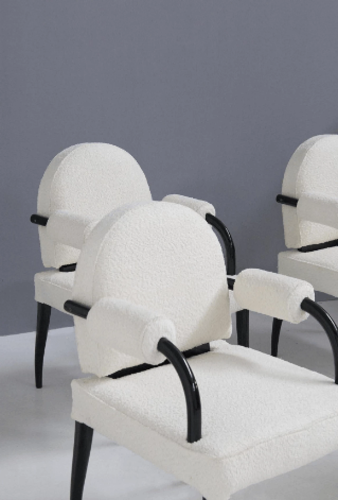 6 Armchairs in lacquered wood and white bouclé by René Drouet, 1930s 5