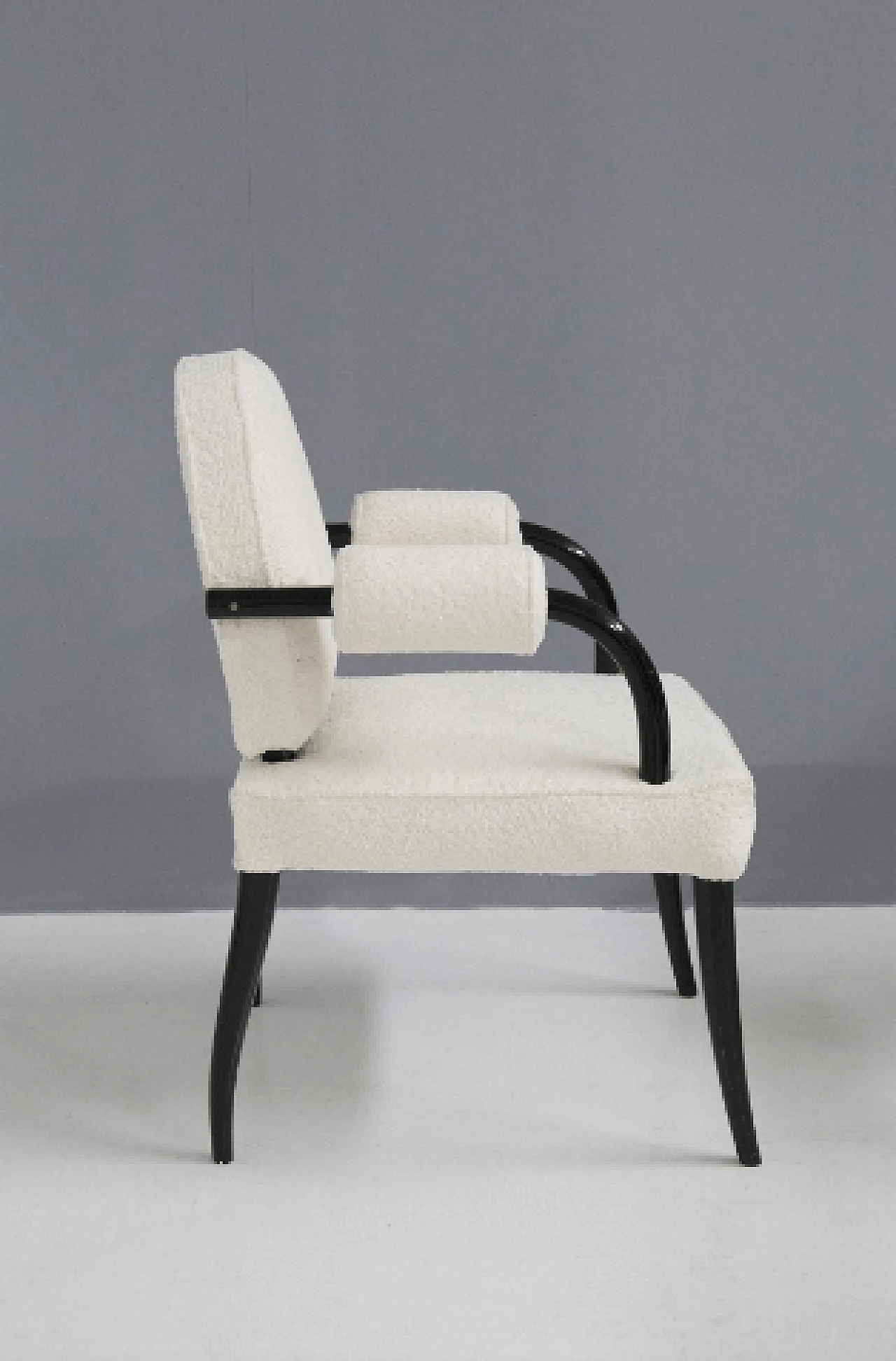 6 Armchairs in lacquered wood and white bouclé by René Drouet, 1930s 8