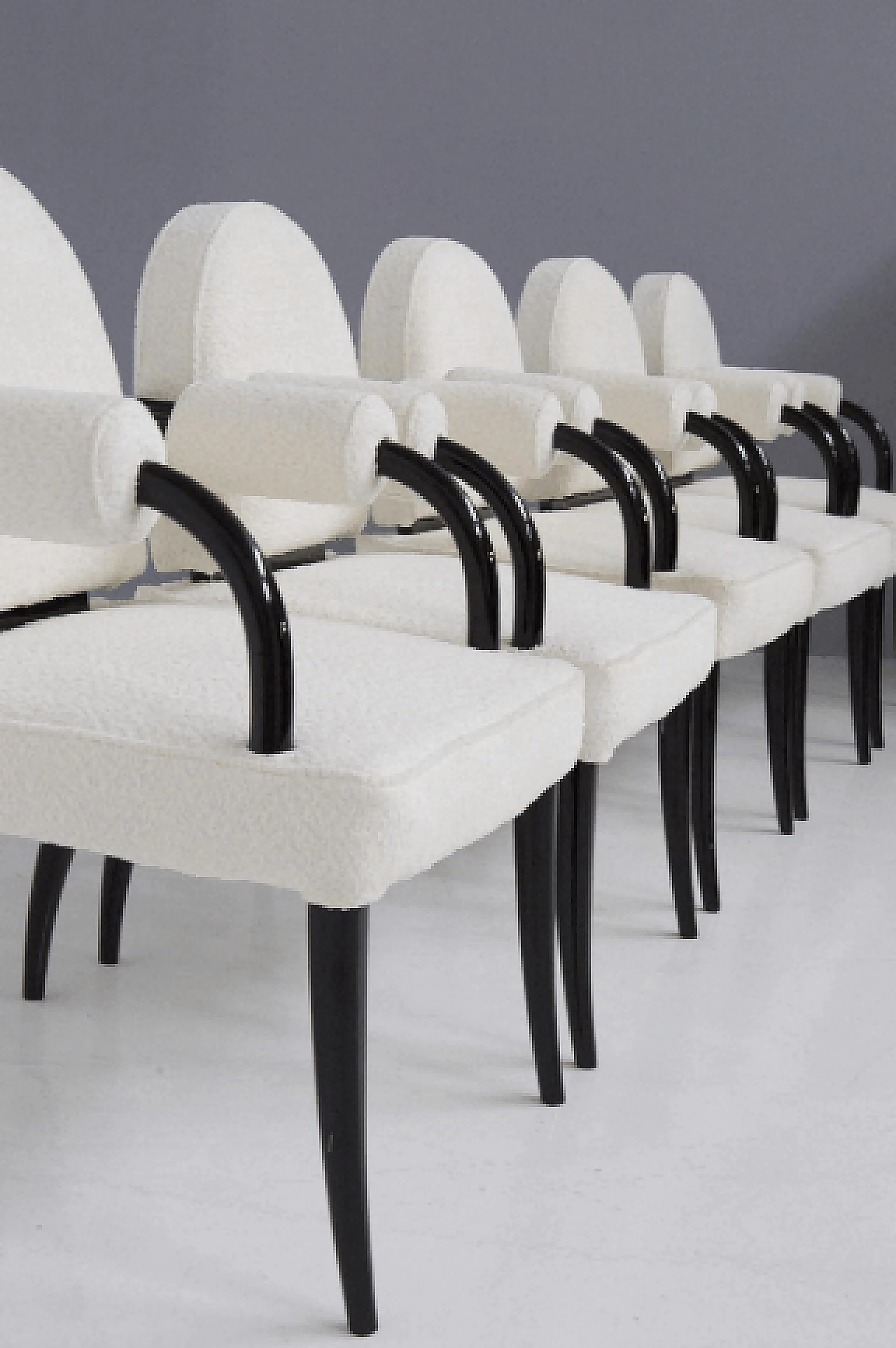 6 Armchairs in lacquered wood and white bouclé by René Drouet, 1930s 10