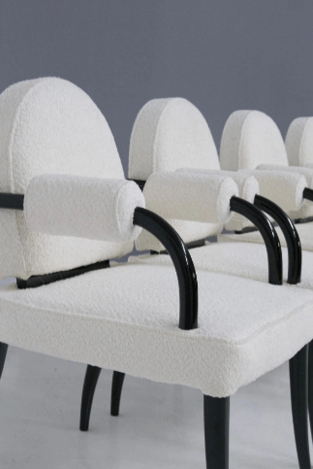 6 Armchairs in lacquered wood and white bouclé by René Drouet, 1930s 11
