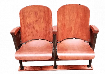 Coppia di poltrone da teatro in legno con supporti in ghisa, anni '40