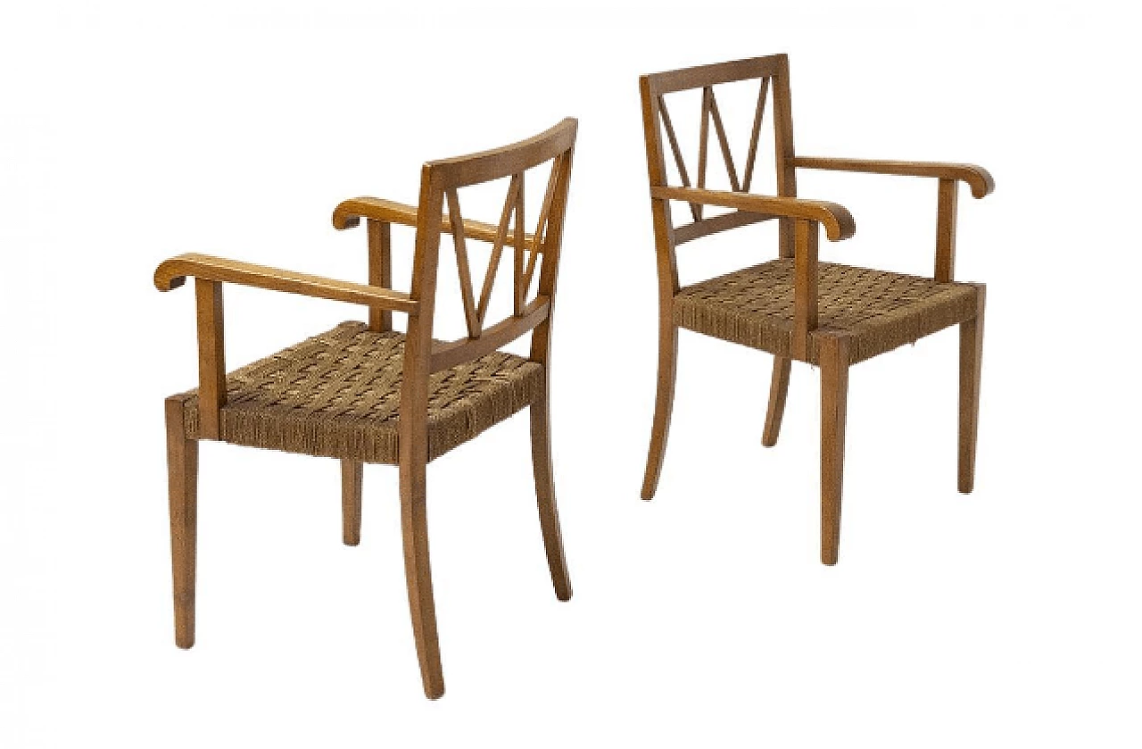 Pair of walnut and rope armchairs by Paolo Buffa, 1950s 1