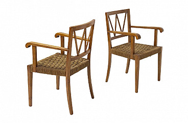 Pair of walnut and rope armchairs by Paolo Buffa, 1950s
