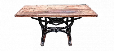 Tavolo da lavoro con base in ghisa e piano in legno, anni '50