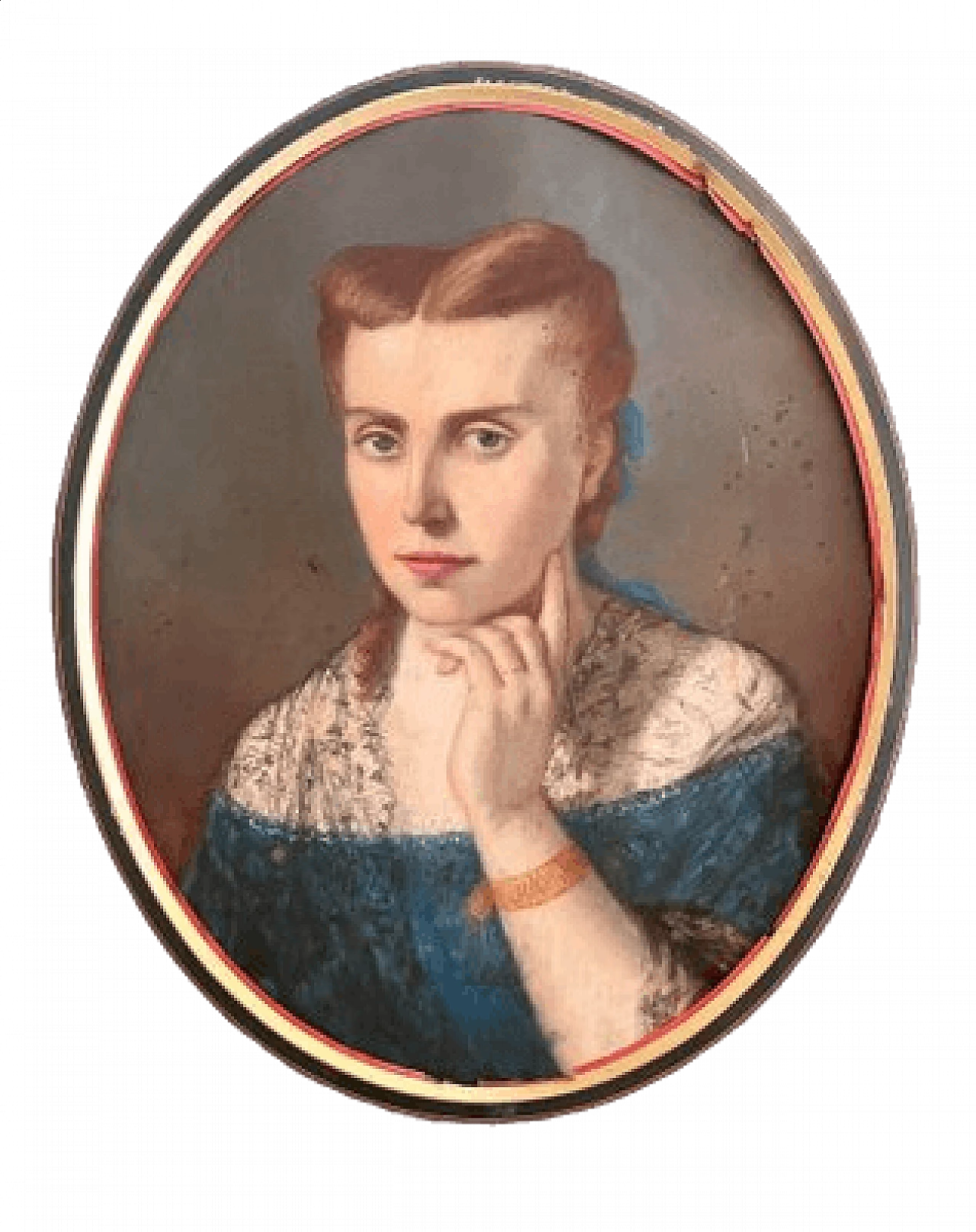 Ritratto di signora in abito blu, olio su tela ovale, '700 9