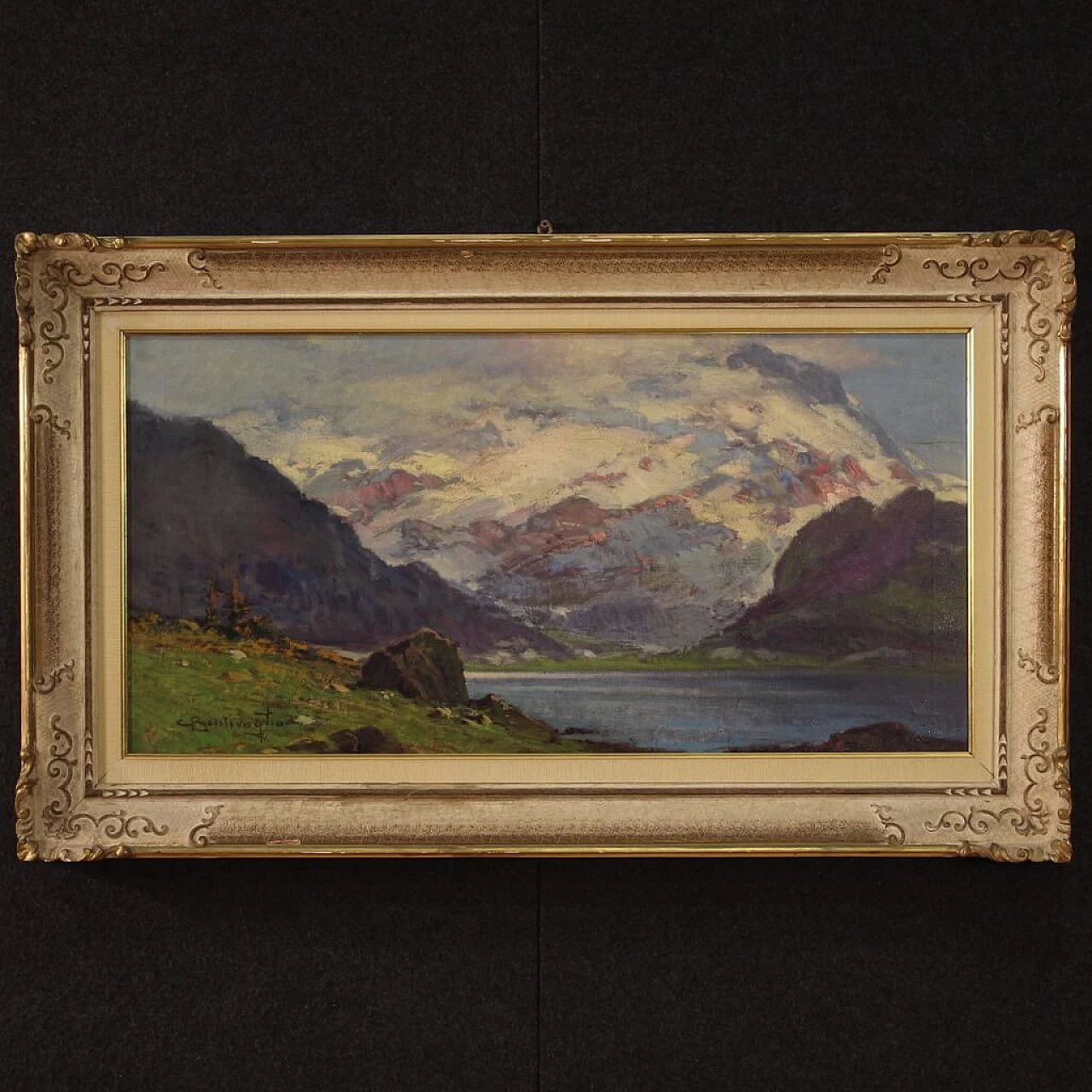 Cesare Bentivoglio, paesaggio con lago e montagne, dipinto a olio su tela 1