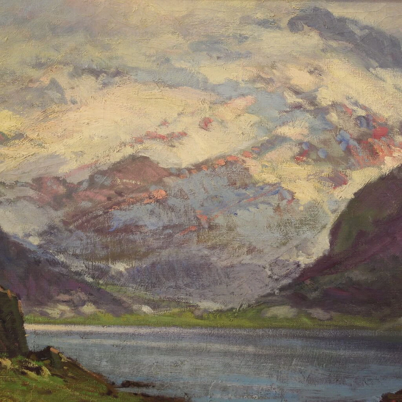 Cesare Bentivoglio, paesaggio con lago e montagne, dipinto a olio su tela 2